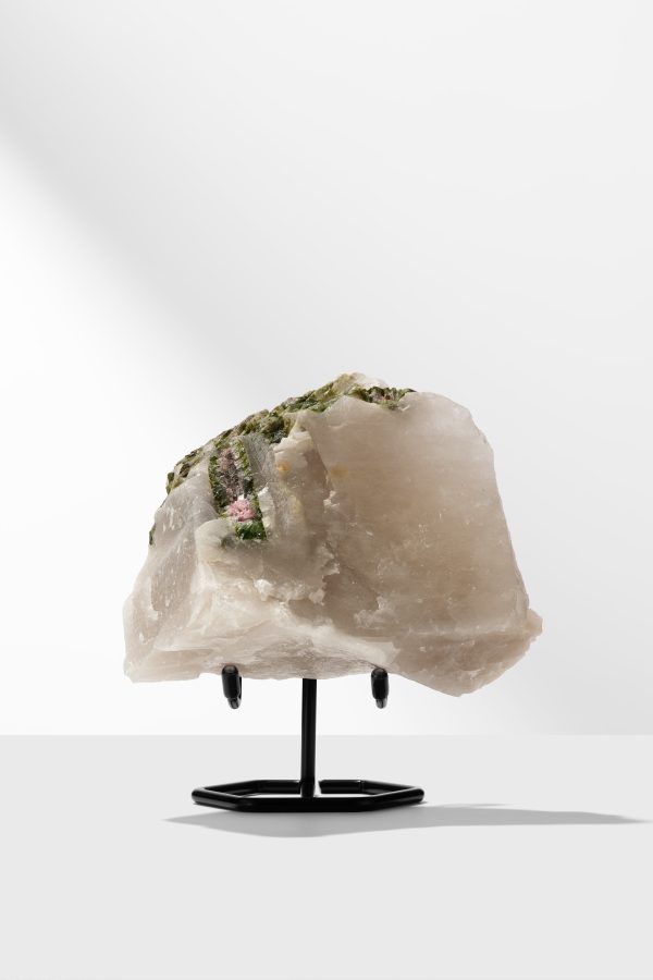 Raw Smokey Quartz Specimen with “Watermelon” Green Tourmaline & Green Calcite inclusions